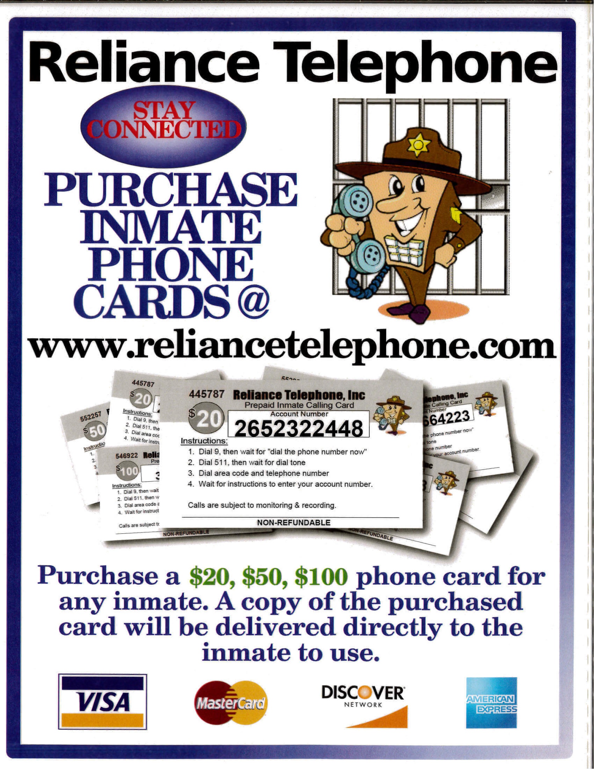 Reliance Telephone Stay Connected and Purchase Inmate Phone Cards.